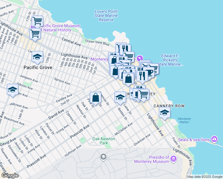 map of restaurants, bars, coffee shops, grocery stores, and more near 838 Belden Street in Monterey