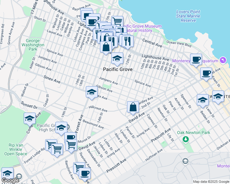 map of restaurants, bars, coffee shops, grocery stores, and more near 463 Gibson Avenue in Pacific Grove