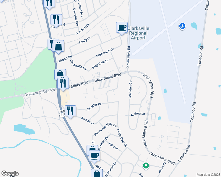 map of restaurants, bars, coffee shops, grocery stores, and more near 268 Executive Avenue in Clarksville