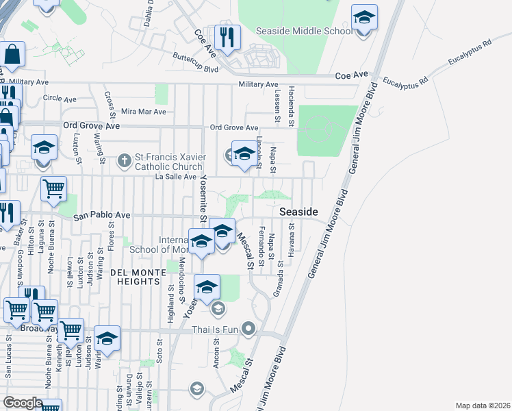 map of restaurants, bars, coffee shops, grocery stores, and more near 11 Serape Court in Seaside