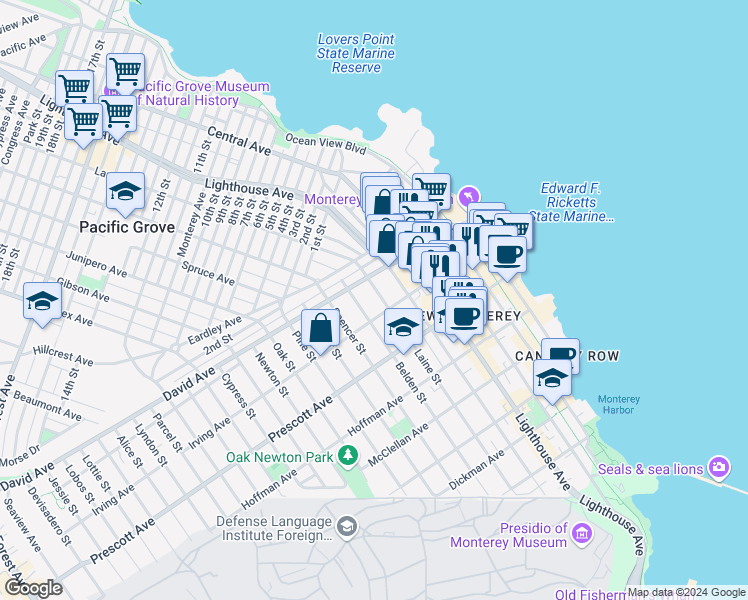 map of restaurants, bars, coffee shops, grocery stores, and more near 839 Laine Street in Monterey