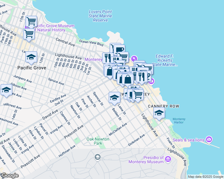 map of restaurants, bars, coffee shops, grocery stores, and more near 800 Laine Street in Monterey