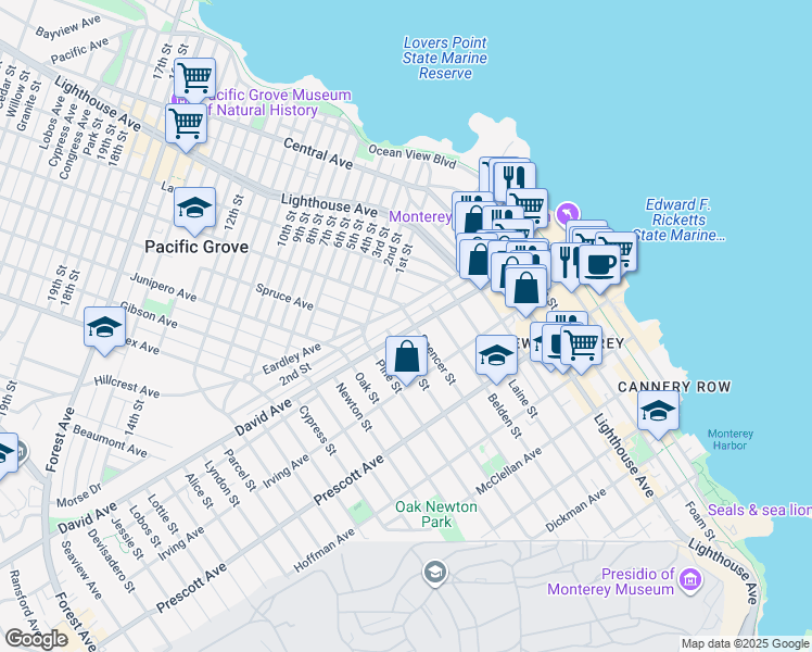 map of restaurants, bars, coffee shops, grocery stores, and more near 899 Spencer Street in Monterey