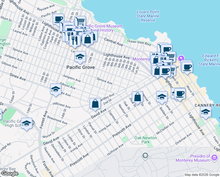 map of restaurants, bars, coffee shops, grocery stores, and more near 514 6th Street in Pacific Grove