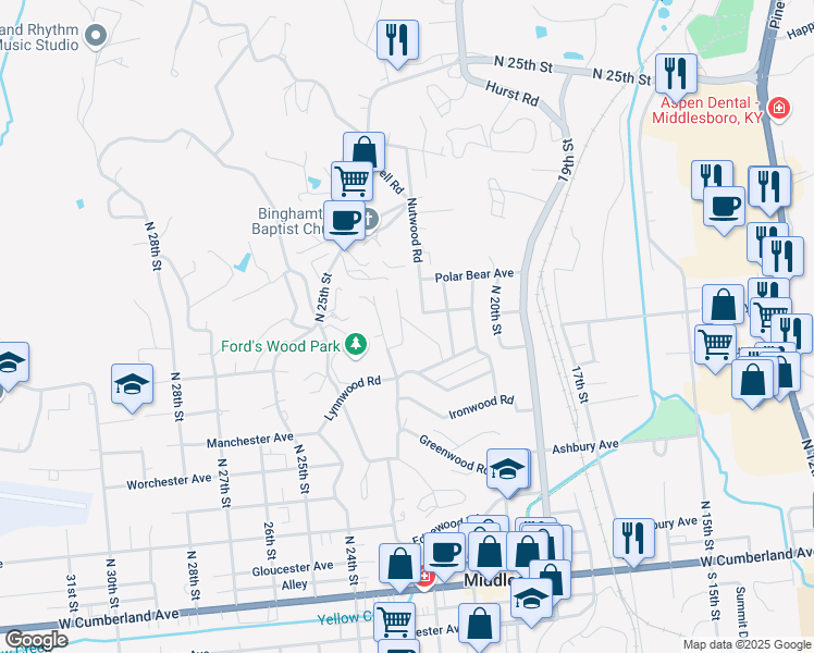 map of restaurants, bars, coffee shops, grocery stores, and more near 119 Leafwood Road in Middlesboro