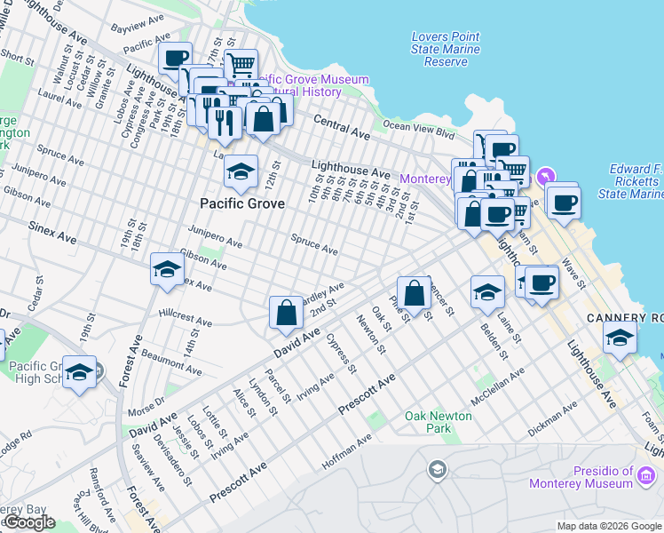 map of restaurants, bars, coffee shops, grocery stores, and more near 514 6th Street in Pacific Grove