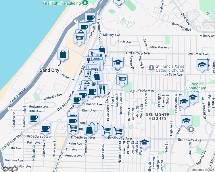 map of restaurants, bars, coffee shops, grocery stores, and more near 1223 San Pablo Avenue in Seaside