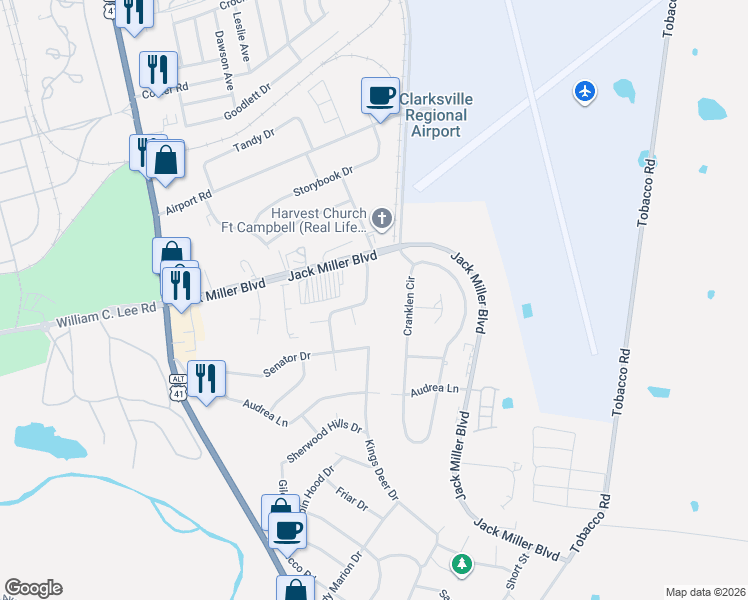 map of restaurants, bars, coffee shops, grocery stores, and more near 261 Executive Avenue in Clarksville