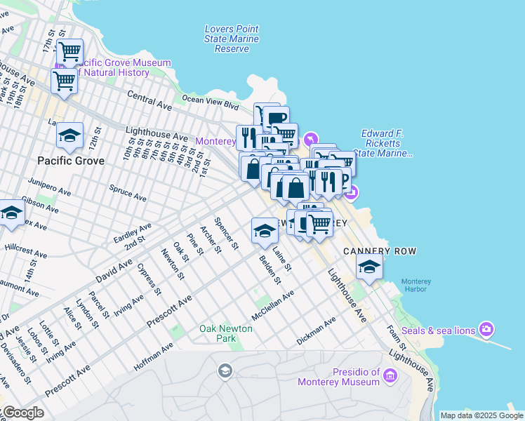 map of restaurants, bars, coffee shops, grocery stores, and more near 461 Irving Avenue in Monterey