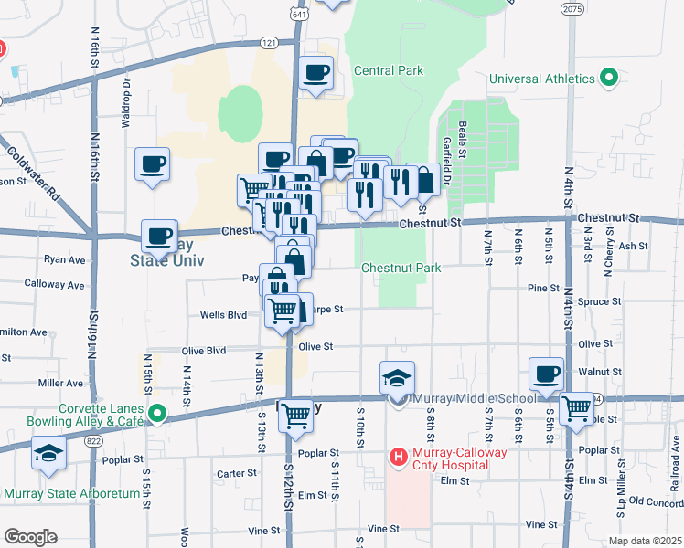 map of restaurants, bars, coffee shops, grocery stores, and more near 1001 Payne Street in Murray