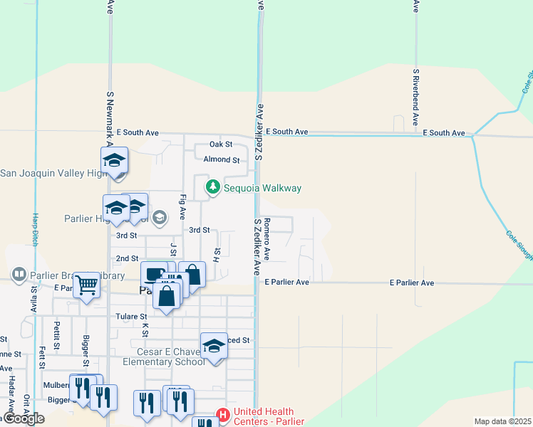 map of restaurants, bars, coffee shops, grocery stores, and more near 281 Zulma Road in Parlier