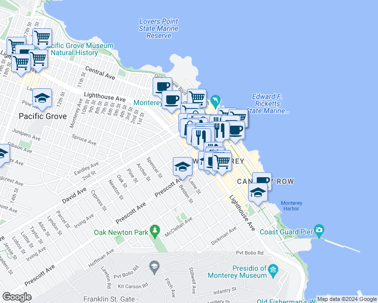 map of restaurants, bars, coffee shops, grocery stores, and more near 778 Hawthorne Street in Monterey