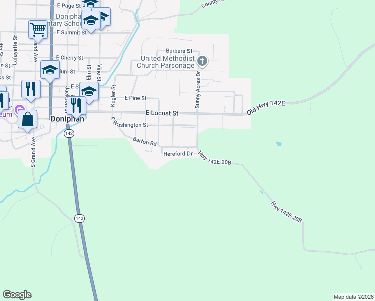 map of restaurants, bars, coffee shops, grocery stores, and more near 1098 Hereford Drive in Doniphan