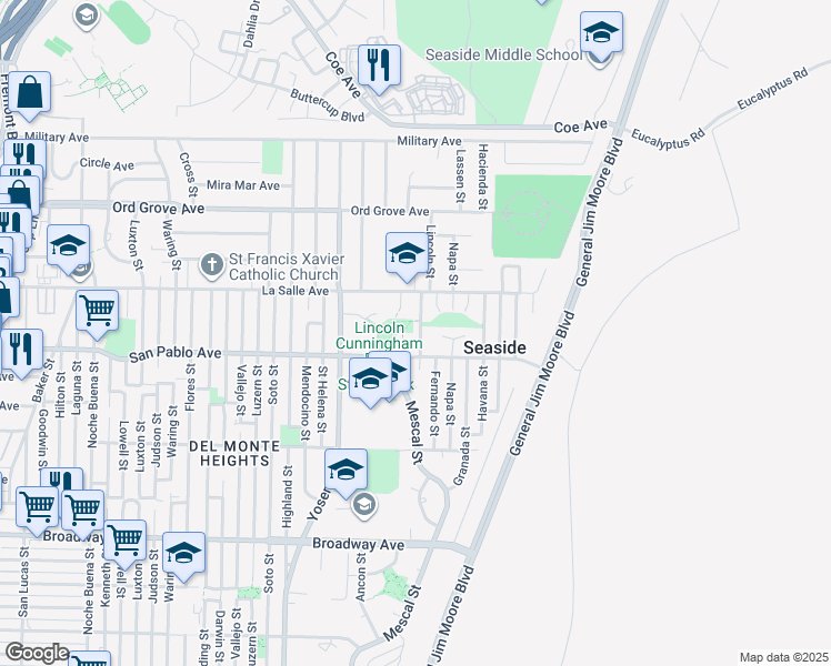 map of restaurants, bars, coffee shops, grocery stores, and more near 1841 Lincoln Street in Seaside