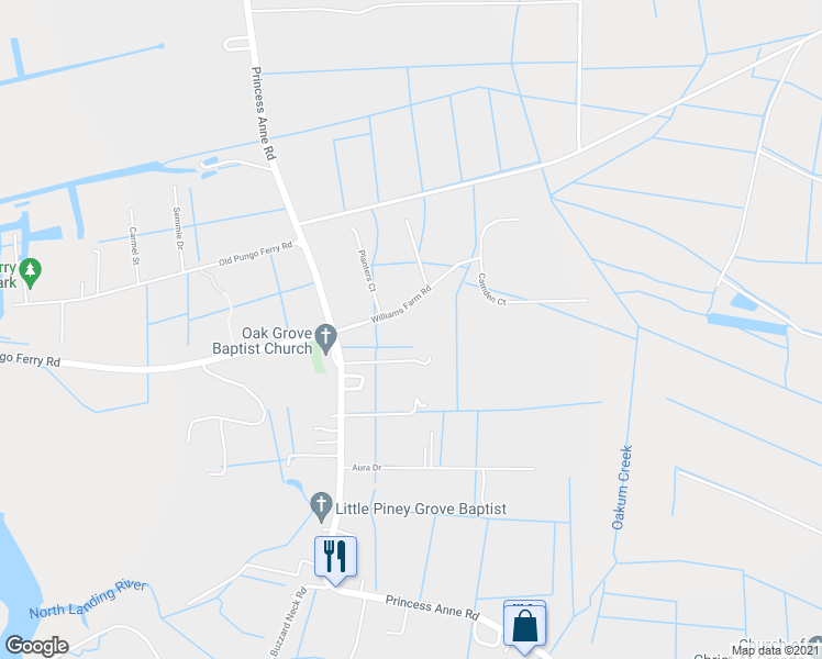 map of restaurants, bars, coffee shops, grocery stores, and more near 2041 Williams Farm Road in Virginia Beach