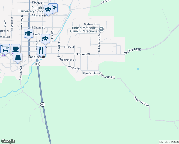 map of restaurants, bars, coffee shops, grocery stores, and more near 1098 Hereford Drive in Doniphan