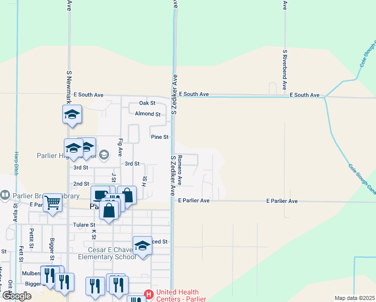 map of restaurants, bars, coffee shops, grocery stores, and more near 250 Zulma Road in Parlier