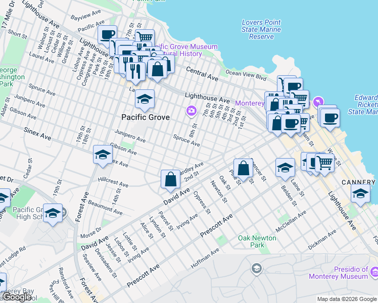 map of restaurants, bars, coffee shops, grocery stores, and more near 514 7th Street in Pacific Grove
