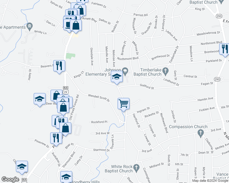 map of restaurants, bars, coffee shops, grocery stores, and more near 304 Wendell Scott Drive in Danville