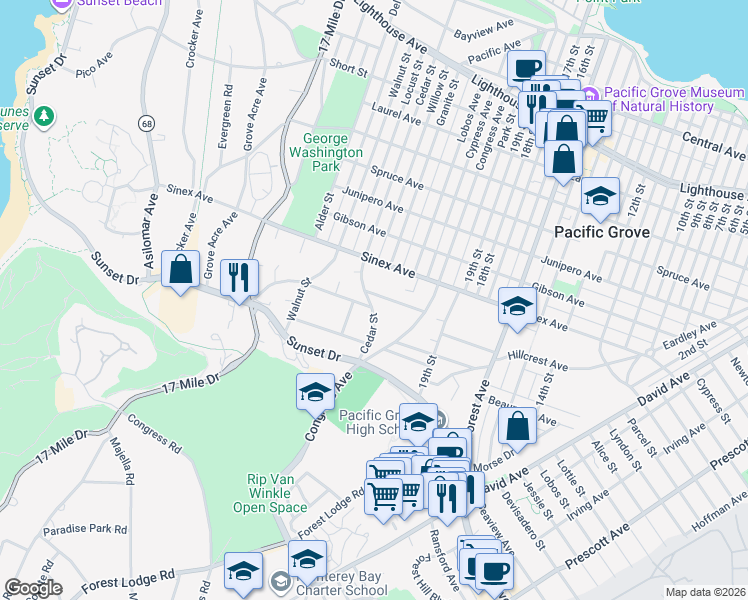 map of restaurants, bars, coffee shops, grocery stores, and more near 861 Cedar Street in Pacific Grove