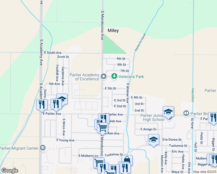 map of restaurants, bars, coffee shops, grocery stores, and more near 13509 East 5th Street in Parlier