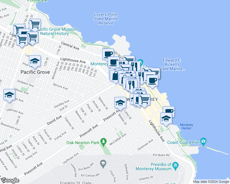 map of restaurants, bars, coffee shops, grocery stores, and more near 842 Laine Street in Monterey