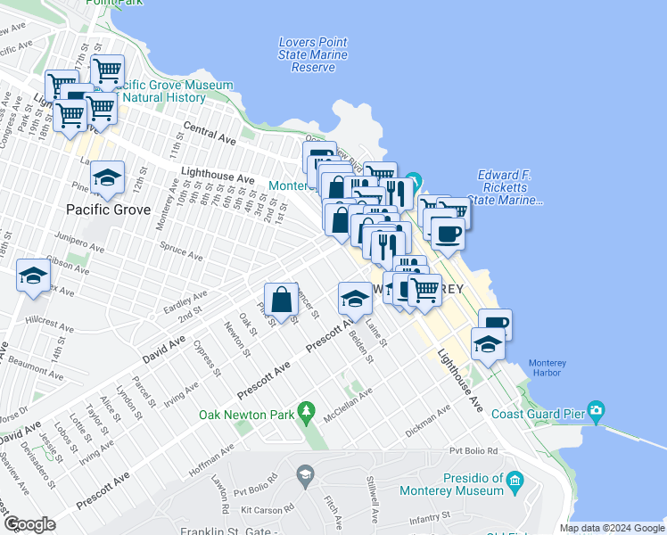 map of restaurants, bars, coffee shops, grocery stores, and more near 838 Belden Street in Monterey