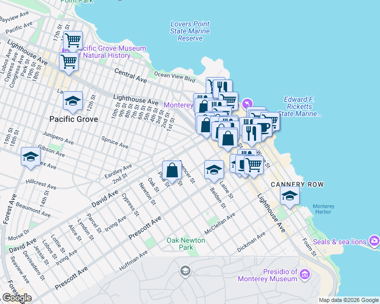 map of restaurants, bars, coffee shops, grocery stores, and more near 838 Belden Street in Monterey