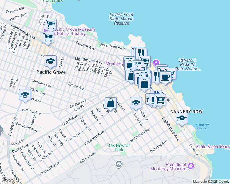 map of restaurants, bars, coffee shops, grocery stores, and more near 899 Spencer Street in Monterey