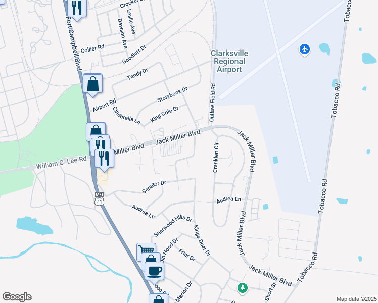 map of restaurants, bars, coffee shops, grocery stores, and more near 268 Executive Avenue in Clarksville