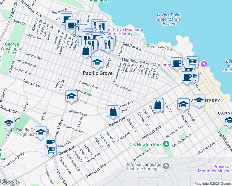 map of restaurants, bars, coffee shops, grocery stores, and more near 370 Junipero Avenue in Pacific Grove