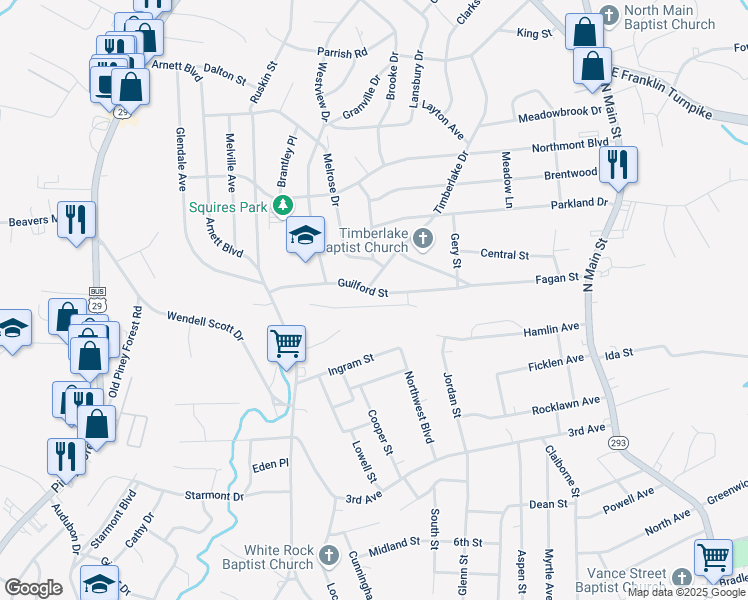 map of restaurants, bars, coffee shops, grocery stores, and more near 250-398 Guilford Street in Danville
