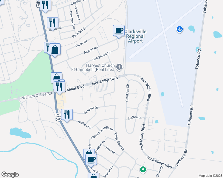 map of restaurants, bars, coffee shops, grocery stores, and more near 268 Executive Avenue in Clarksville