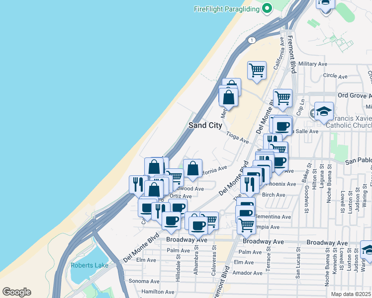 map of restaurants, bars, coffee shops, grocery stores, and more near 1895 Park Avenue in Seaside