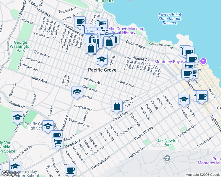 map of restaurants, bars, coffee shops, grocery stores, and more near 415 Junipero Avenue in Pacific Grove