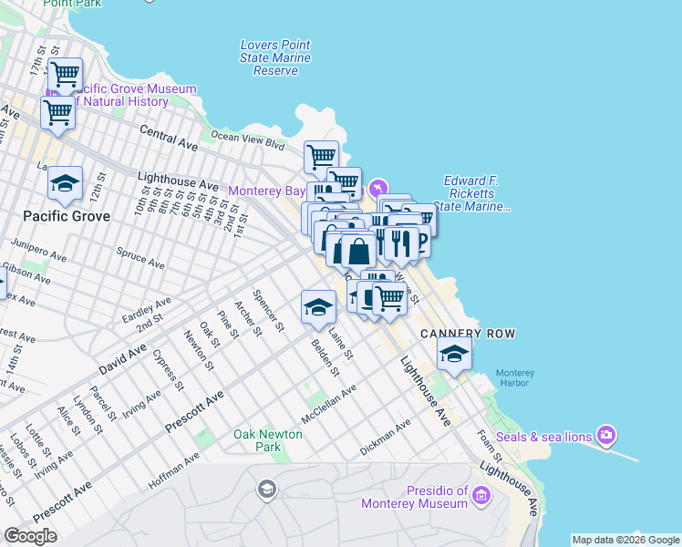 map of restaurants, bars, coffee shops, grocery stores, and more near 799 Lighthouse Avenue in Monterey