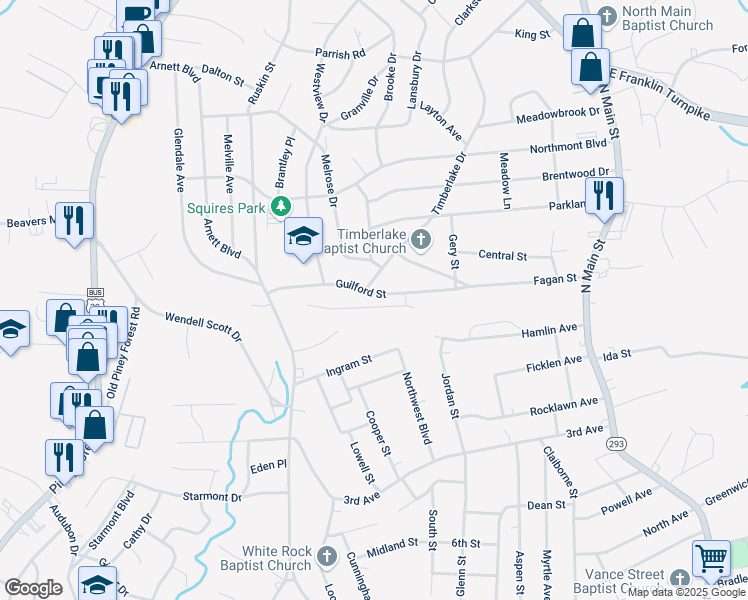map of restaurants, bars, coffee shops, grocery stores, and more near 250 Guilford Street in Danville