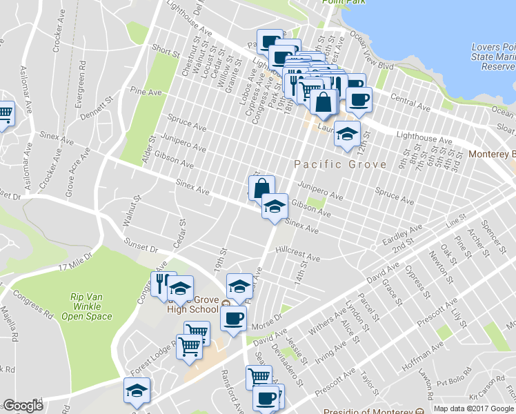 map of restaurants, bars, coffee shops, grocery stores, and more near 651 Sinex Ave in Pacific Grove