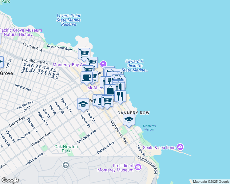 map of restaurants, bars, coffee shops, grocery stores, and more near 640 Wave Street in Monterey