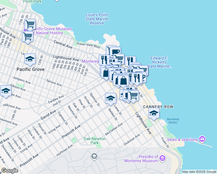 map of restaurants, bars, coffee shops, grocery stores, and more near 843 Hawthorne Street in Monterey