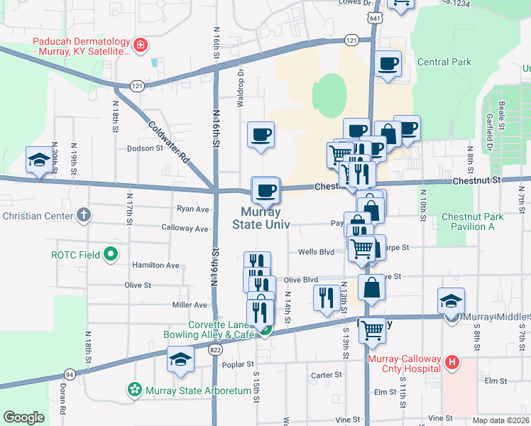 map of restaurants, bars, coffee shops, grocery stores, and more near Cs-1075 in Murray