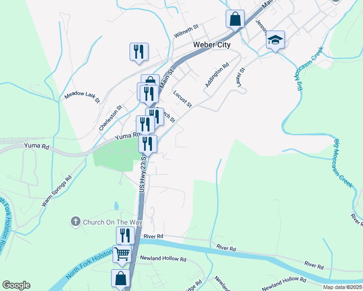 map of restaurants, bars, coffee shops, grocery stores, and more near Clonce Street in Weber City