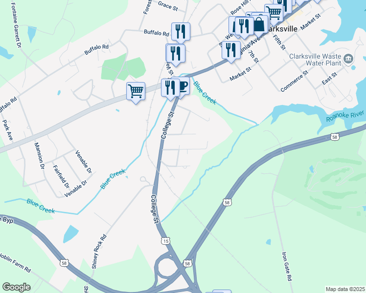 map of restaurants, bars, coffee shops, grocery stores, and more near 201-209 Mecklenburg Boulevard in Clarksville