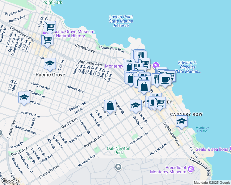 map of restaurants, bars, coffee shops, grocery stores, and more near 999 Belden Street in Monterey