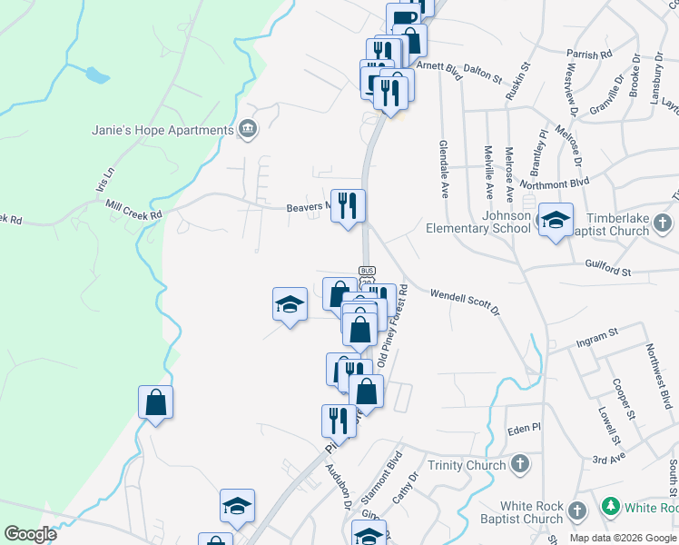 map of restaurants, bars, coffee shops, grocery stores, and more near Shaver Street in Danville