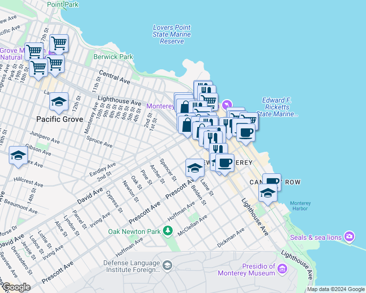 map of restaurants, bars, coffee shops, grocery stores, and more near 299 Eardley Avenue in Pacific Grove