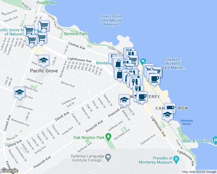 map of restaurants, bars, coffee shops, grocery stores, and more near 299 Eardley Avenue in Pacific Grove