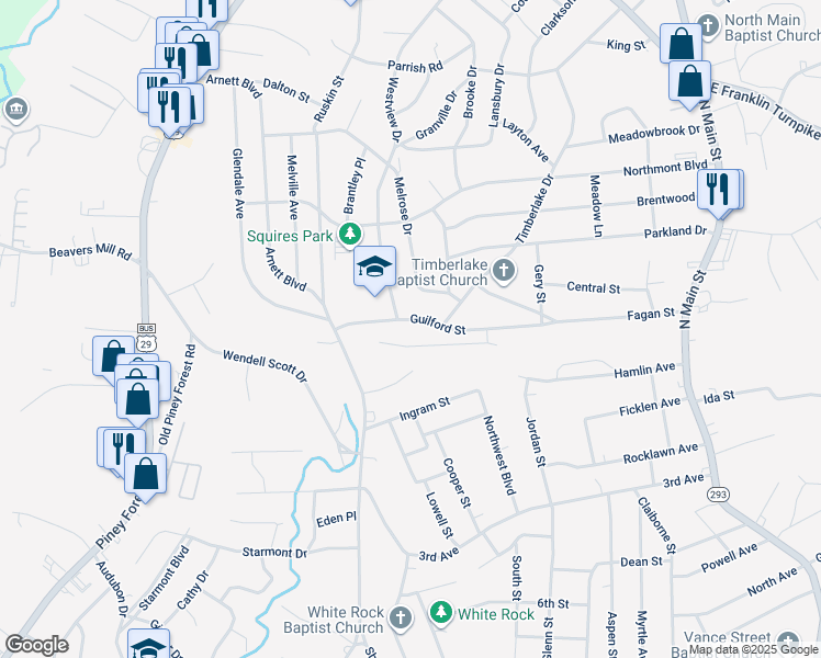 map of restaurants, bars, coffee shops, grocery stores, and more near 219 Guilford Street in Danville