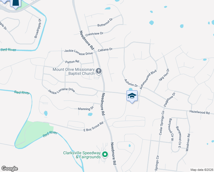 map of restaurants, bars, coffee shops, grocery stores, and more near 1745 Needmore Road in Clarksville