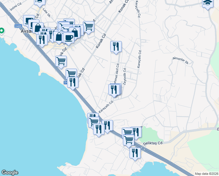 map of restaurants, bars, coffee shops, grocery stores, and more near 1221 Fevzi Çakmak Caddesi in Alanya